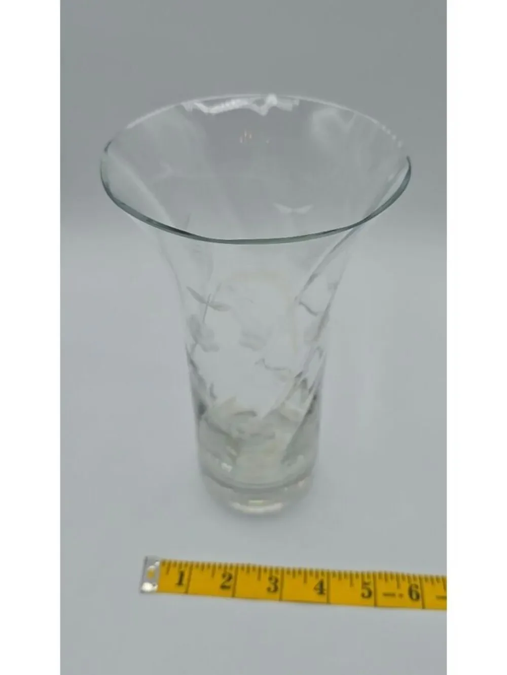 Vintage Bohemian Etched Floral Glass Trumpet Vase Czech 8